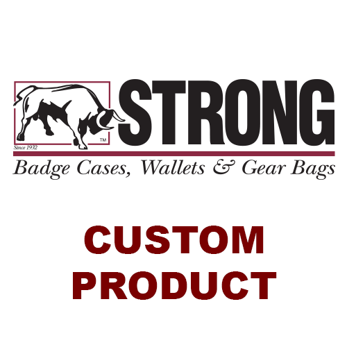 Strong Leather Company logo with text "Custom Product" for badge cases and wallets.